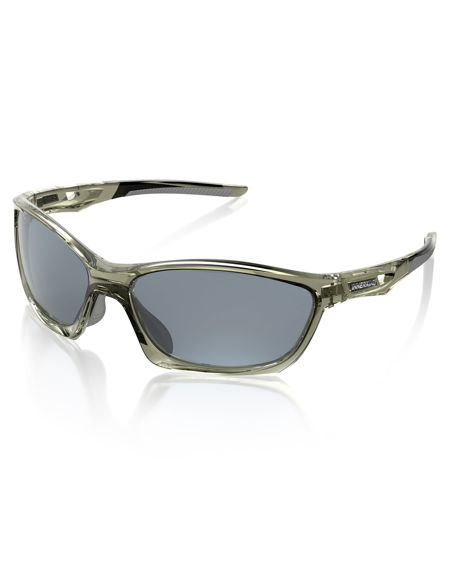Gray sport sunglasses with blue mirrored lenses and clear faceted frame