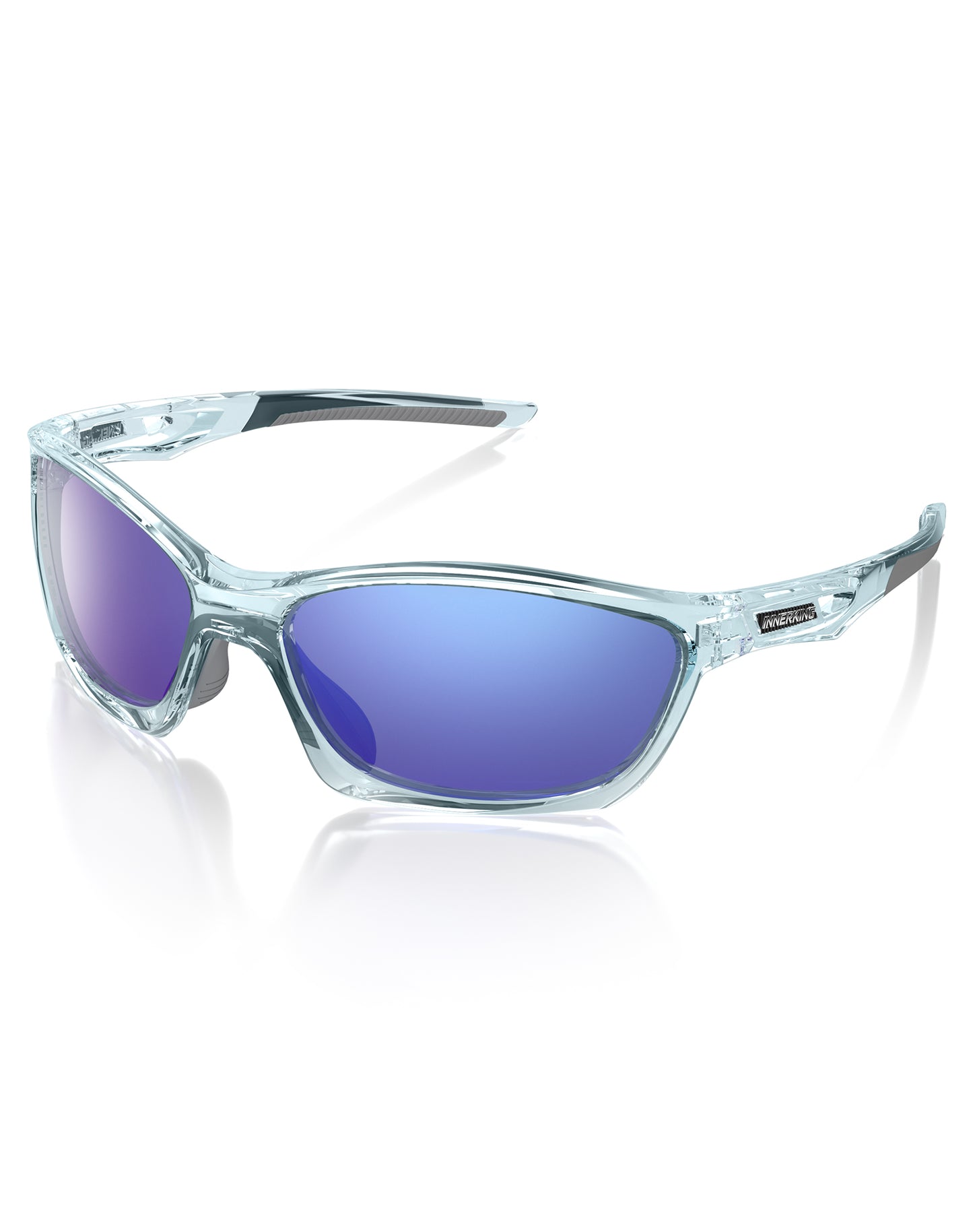 Blue sport sunglasses with reflective blue lenses and transparent faceted frame