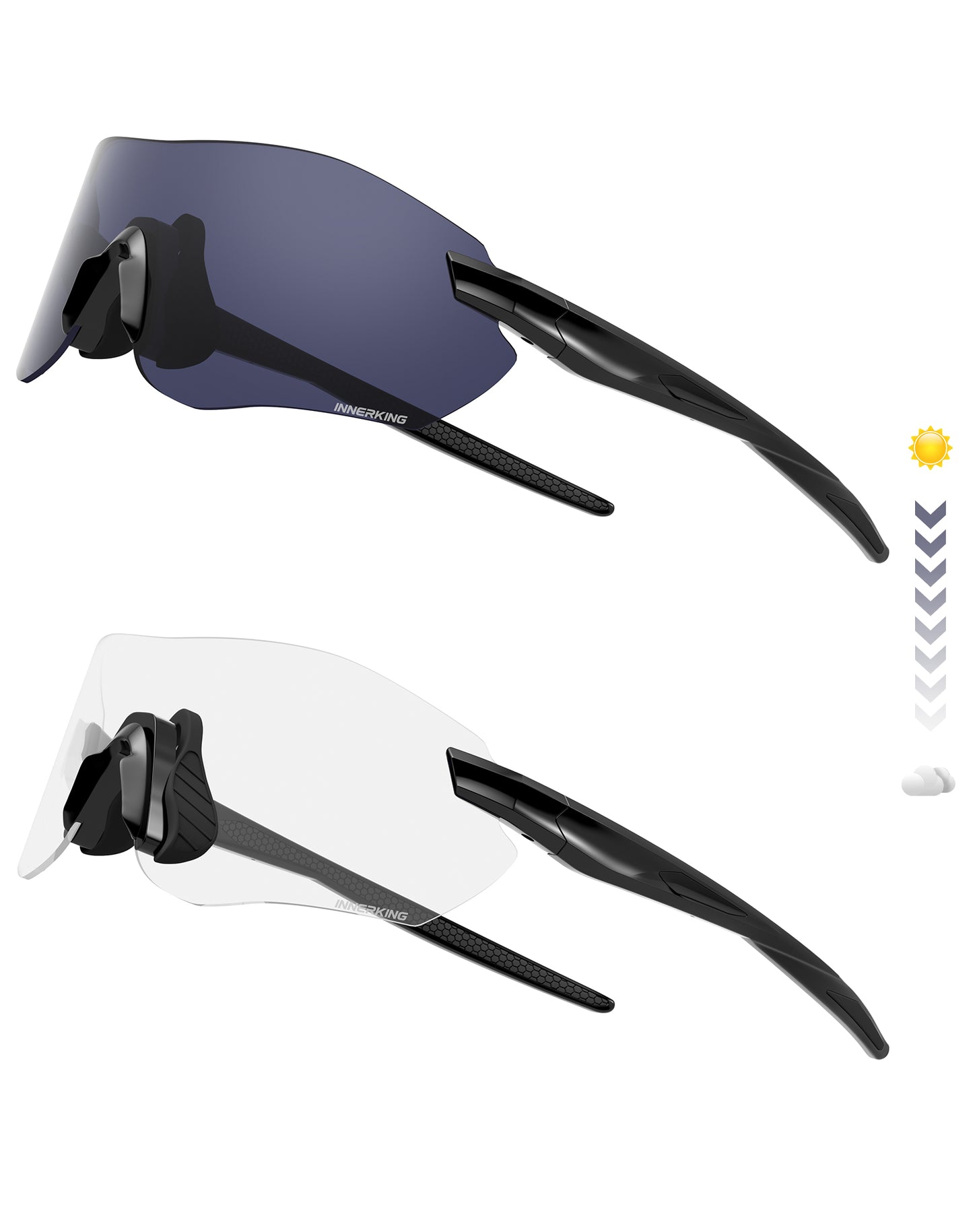 Photochromic cycling sunglasses with blue-tinted lenses and black arms