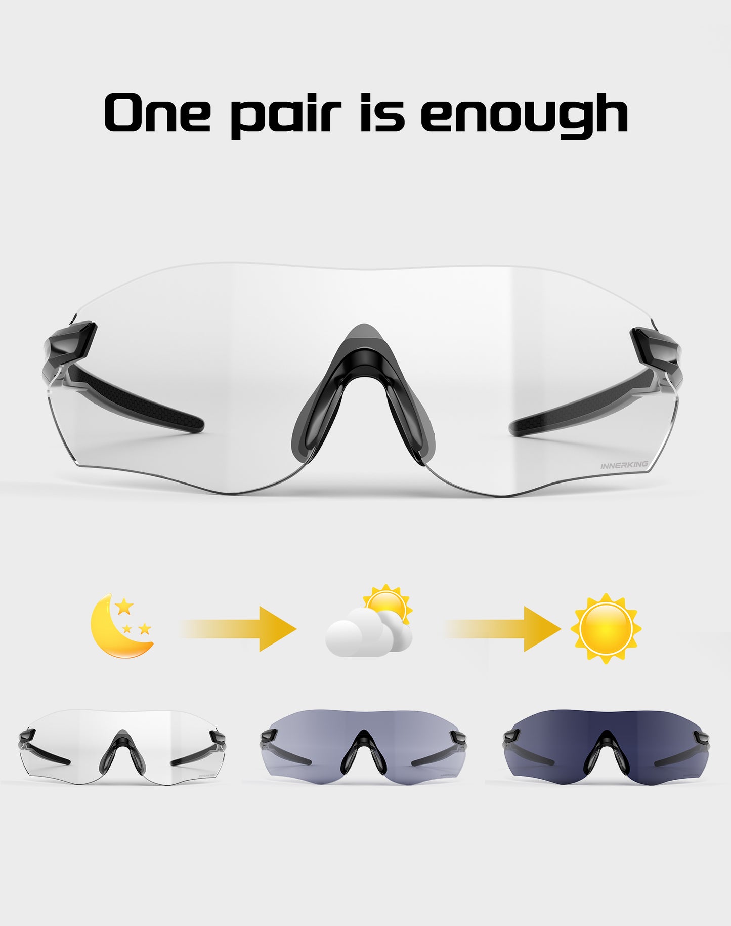 Cycling sunglasses set with clear lens and photochromic dark tint options