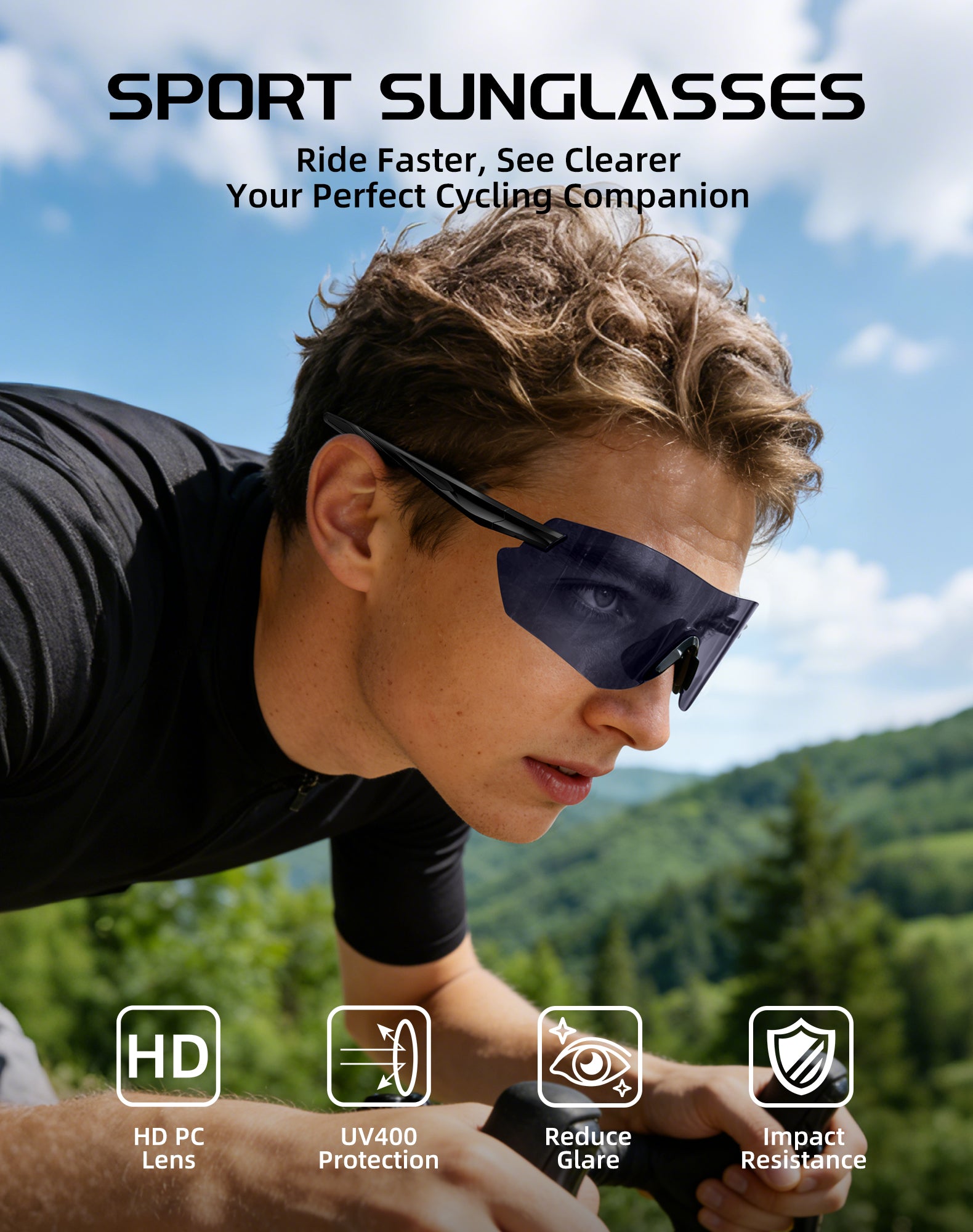 Sport cycling glasses on a person with dark blue-tinted wrap lenses