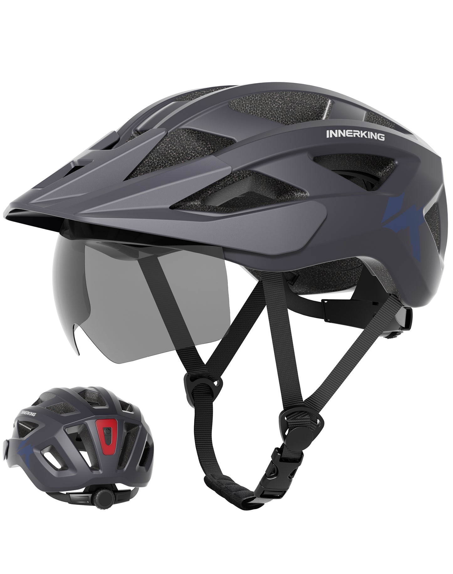 Black cycling helmet with clear visor and rear red light feature
