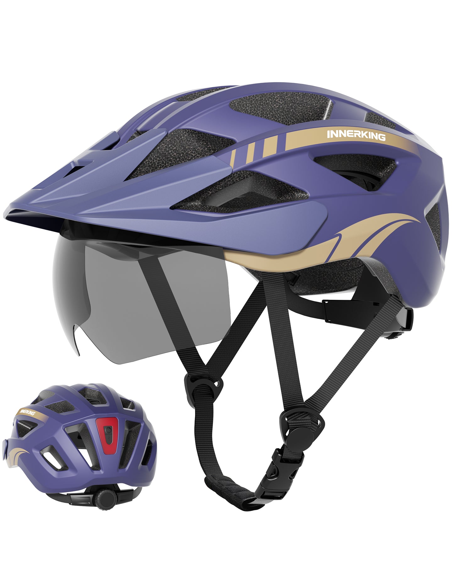 Purple cycling helmet with clear visor, adjustable chin straps, rear light housing