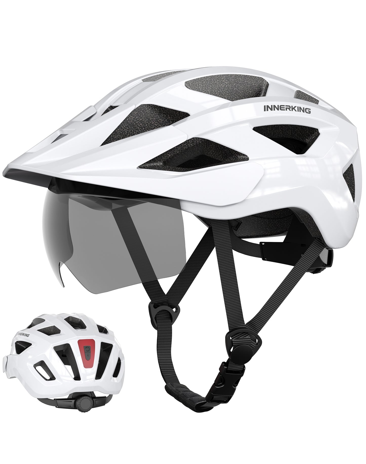 White cycling helmet with clear visor, adjustable chin straps, rear light housing