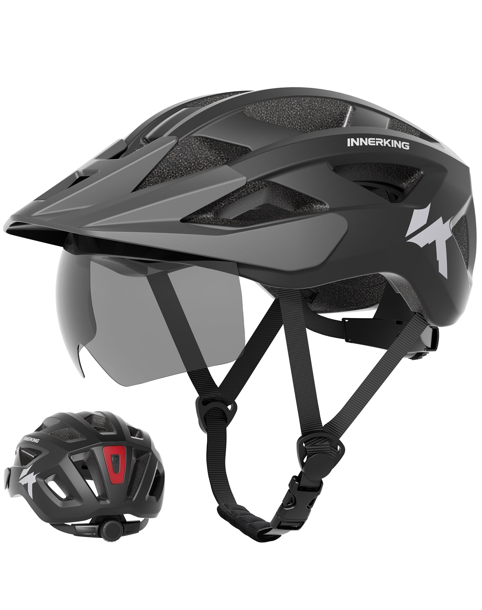 Black cycling helmet with clear visor and detached rear red light module