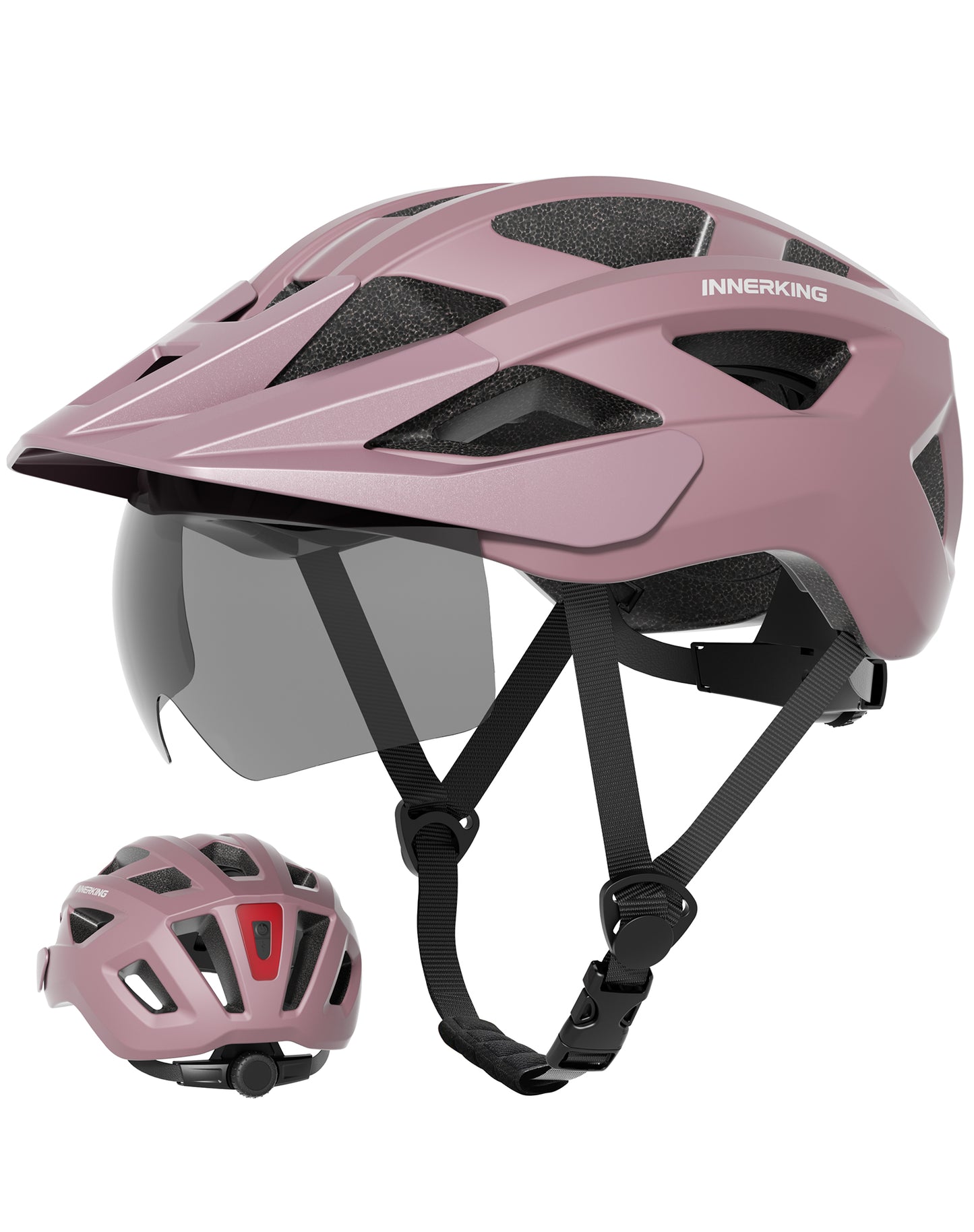 Pink cycling helmet with clear visor, adjustable chin straps, rear light housing