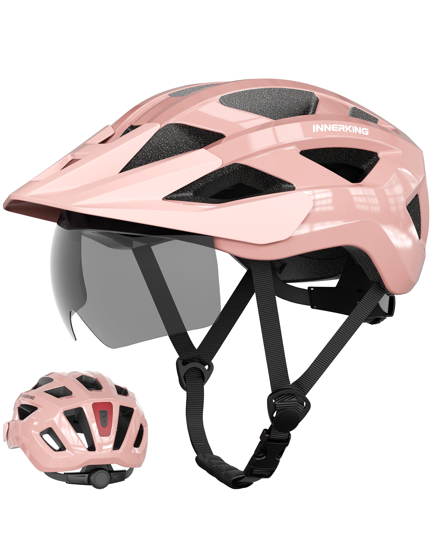Light pink cycling helmet with clear visor, adjustable chin straps, rear light housing